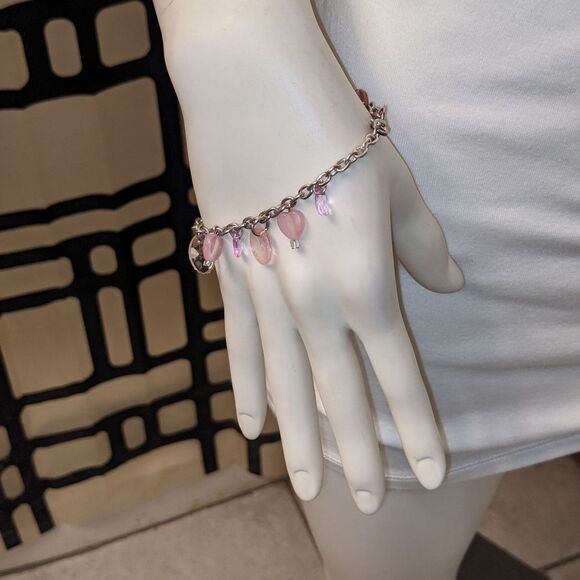 Bracelet. Pink heart & oval beads, clear & solid - Picture 5 of 9